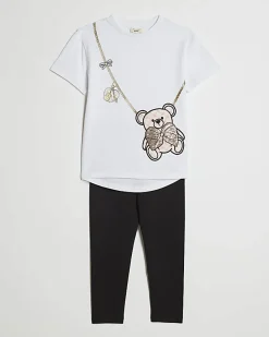 Mini Girls White Sequin Bear Bag Graphic Set