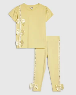 Mini Girls Yellow Satin Bow T-Shirt Set