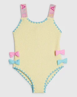 Mini Girls Yellow Textured Bow Swimsuit