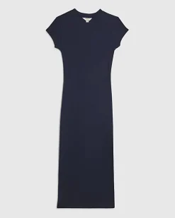 Navy Cap Sleeve Ribbed Midi T-Shirt Dress