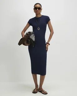 Navy Cap Sleeve Ribbed Midi T-Shirt Dress