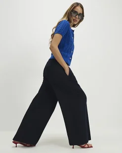 Navy Denim Look Wide Leg Trousers