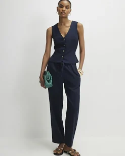 Navy Linen Blend Drawstring Tapered Trousers