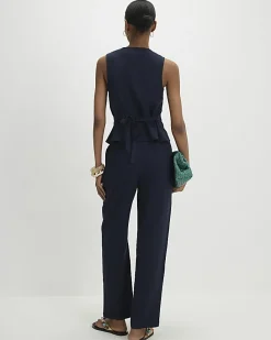 Navy Linen Blend Drawstring Tapered Trousers