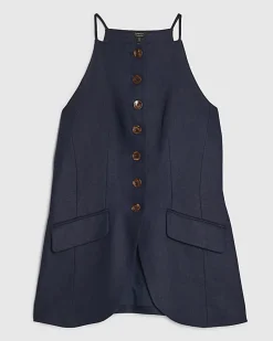 Navy Linen Blend Longline Waistcoat