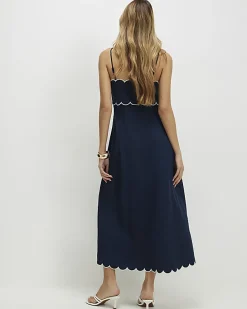 Navy Linen Blend Scallop Trim Midi Dress