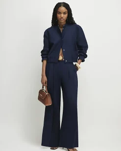 Navy Linen Blend Tailored Bomber Jacket