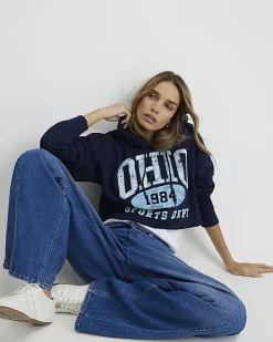 Navy Long Sleeve Ohio Cropped Hoodie