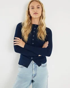 Navy Long Sleeve Popper Through Ribbed Top