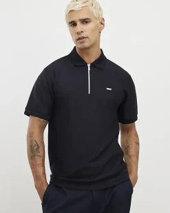 Navy Muscle Fit Lightweight Zip Polo Shirt