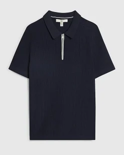 Navy Muscle Fit Ribbed Quarter Zip Polo Shirt