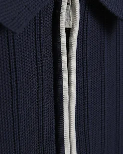 Navy Muscle Fit Ribbed Quarter Zip Polo Shirt