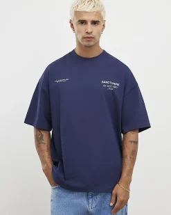 Navy Oversized Fit Heavyweight Print T-Shirt