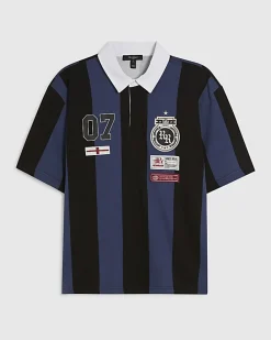 Navy Oversized Fit Striped Rugby Shirt