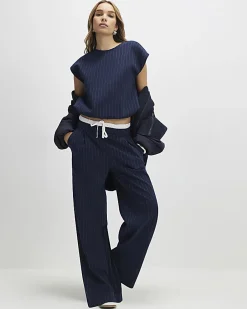 Navy Pinstripe Drawstring Wide Leg Trousers