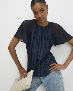 Navy Pleated Hybrid Short Sleeve T-Shirt