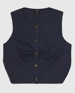 Navy Poplin Ruched Waistcoat