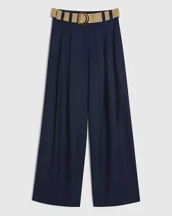 Navy Raffia Belted Tailored Wide Leg Trousers