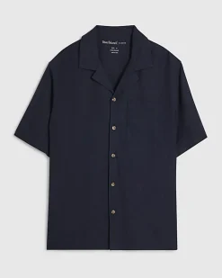 Navy Regular Fit Linen Blend Revere Shirt