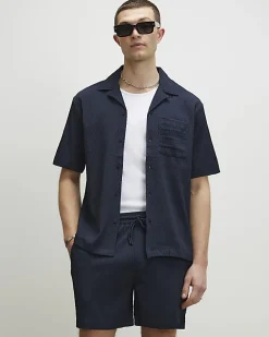 Navy Regular Fit Textured Short Sleeve Shirt