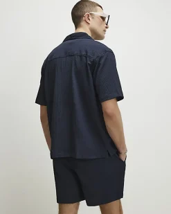 Navy Regular Fit Textured Short Sleeve Shirt