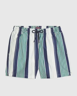 Navy Regular Length Stripe Swim Shorts