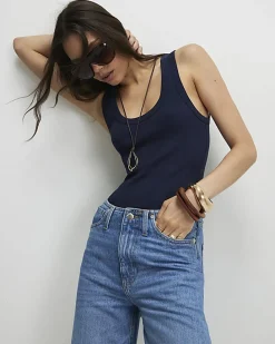 Navy Ribbed Scoop Neck Vest Top