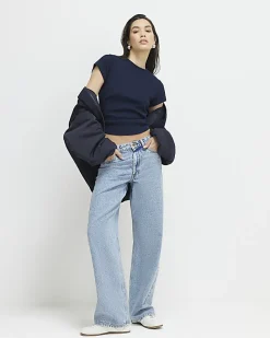 Navy Short Sleeve Fitted Ribbed Top