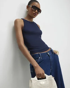 Navy Sleeveless Ribbed Cami Top