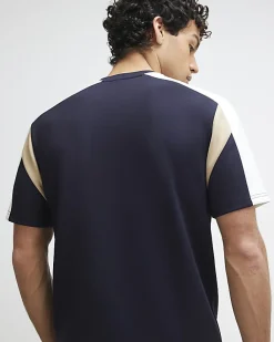 Navy Slim Fit Shoulder Colour Block T-Shirt