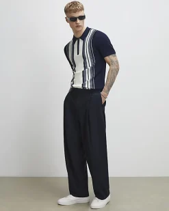 Navy Slim Fit Stripe Colour Block Polo Shirt
