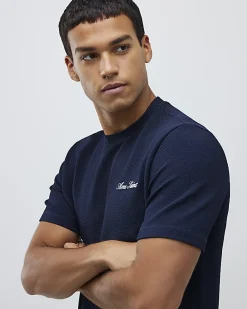 Navy Slim Fit Textured Crew Neck T-Shirt