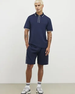 Navy Slim Fit Textured Zip Tipped Polo Shirt