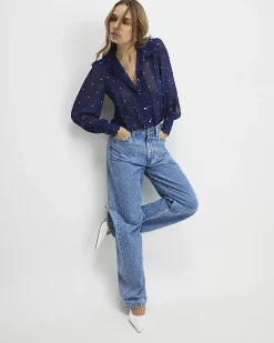 Navy Spot Print Scallop Detail Chiffon Shirt