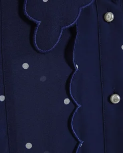 Navy Spot Print Scallop Detail Chiffon Shirt