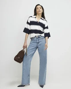 Navy Striped Knitted Polo Shirt