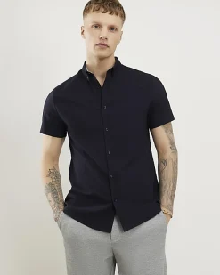 Navy Textured Muscle Fit Short Sleeve Shirt