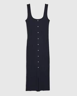 Navy Wide Rib Button Front Midi Dress
