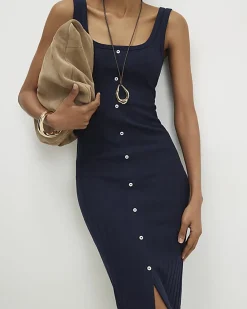 Navy Wide Rib Button Front Midi Dress