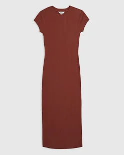Orange Cap Sleeve Rib Midi T-Shirt Dress