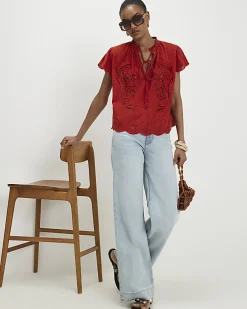 Orange Cotton Broderie Tie Neck Blouse