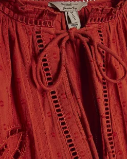 Orange Cotton Broderie Tie Neck Blouse
