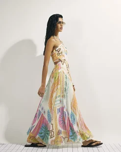 Orange Halter Neck Pleated Maxi Dress