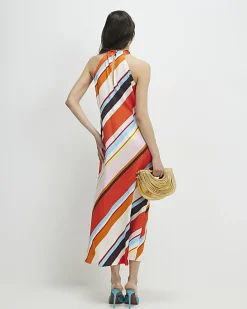 Orange Halter Satin Maxi Dress