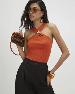 Orange Knitted Halter Neck Brooch Top