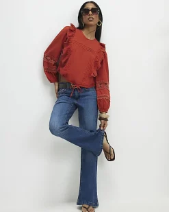 Orange Long Sleeve Ruffle Blouse