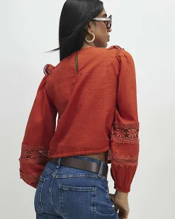 Orange Long Sleeve Ruffle Blouse