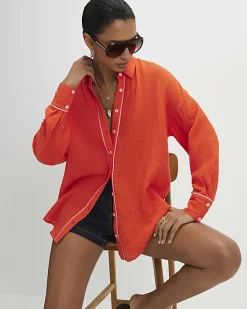 Orange Long Sleeve Tie Back Beach Shirt