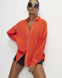 Orange Long Sleeve Tie Back Beach Shirt