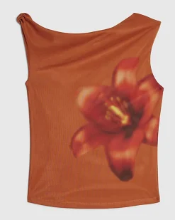 Orange Mesh Floral Print Top